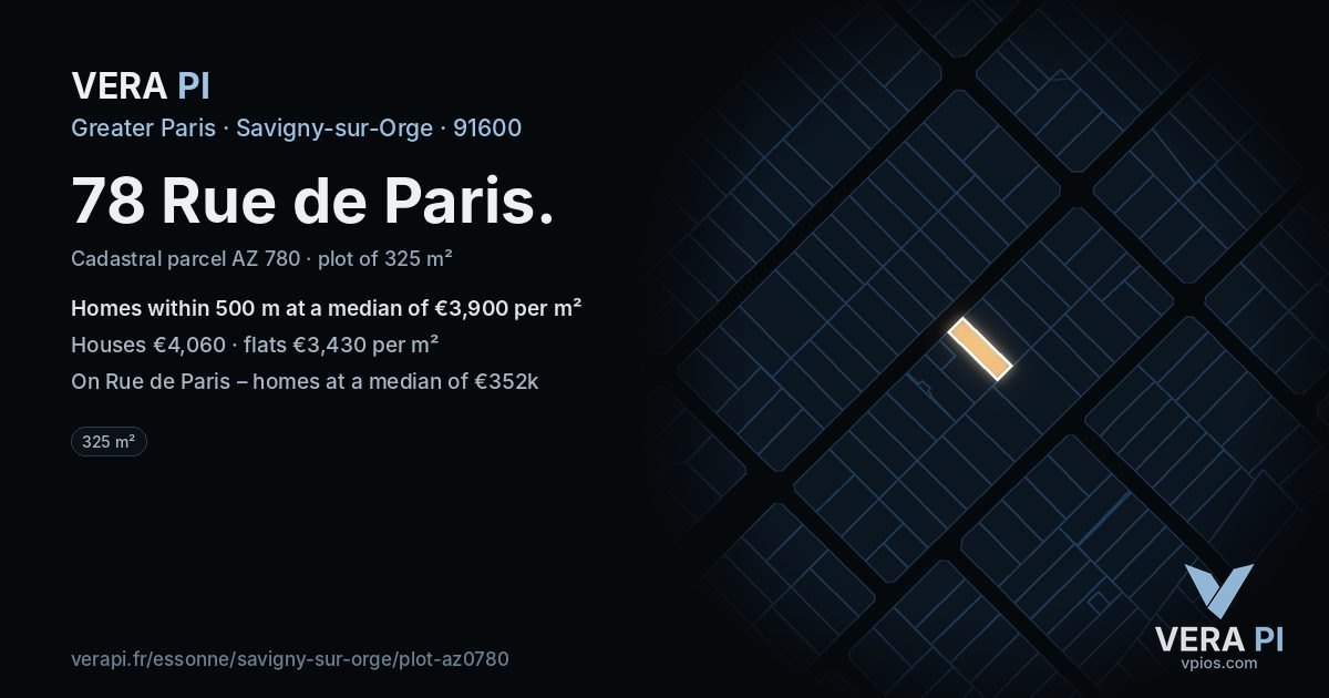 78 Rue de Paris, Savigny-sur-Orge at night – the plot lit, the parcels around coloured by the prices near them