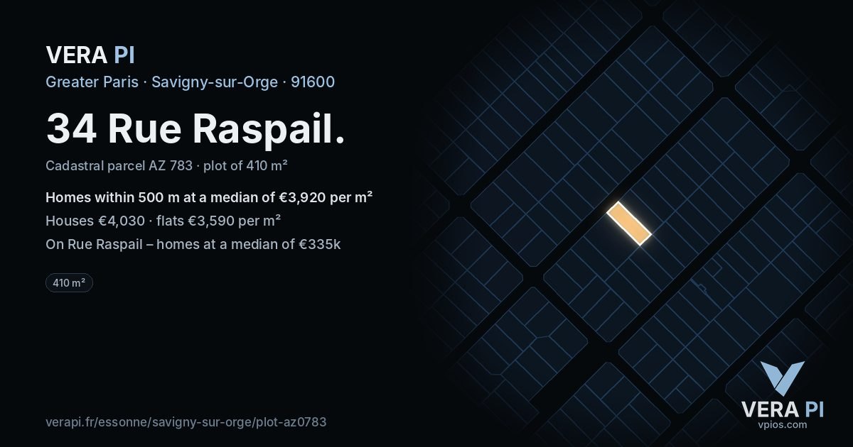 34 Rue Raspail, Savigny-sur-Orge at night – the plot lit, the parcels around coloured by the prices near them