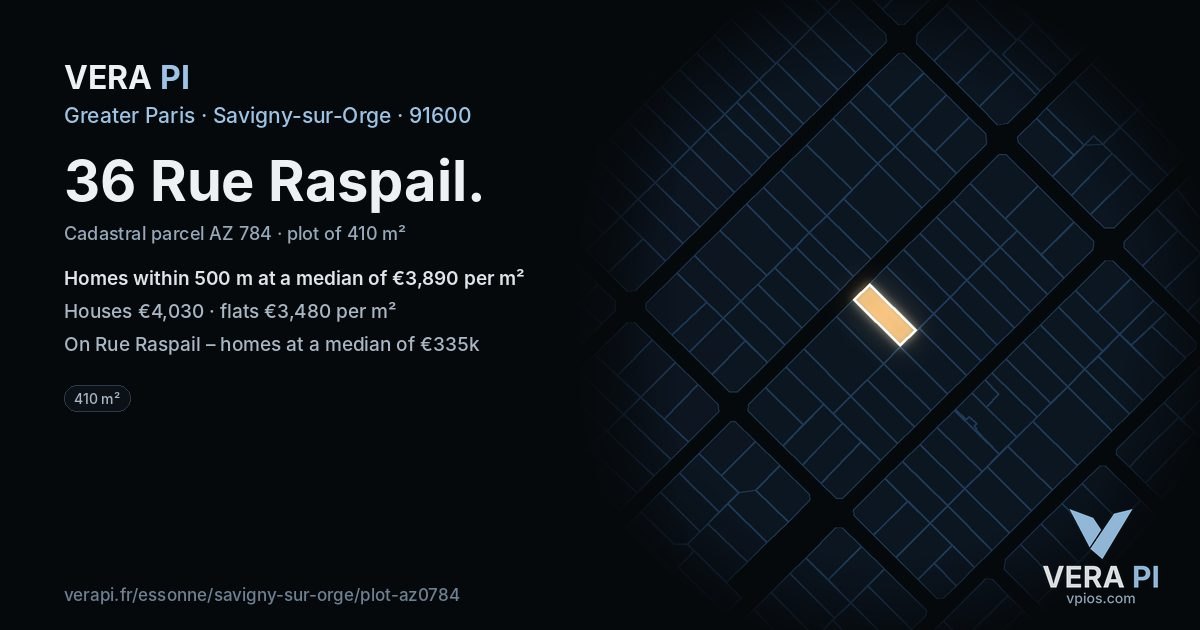 36 Rue Raspail, Savigny-sur-Orge at night – the plot lit, the parcels around coloured by the prices near them