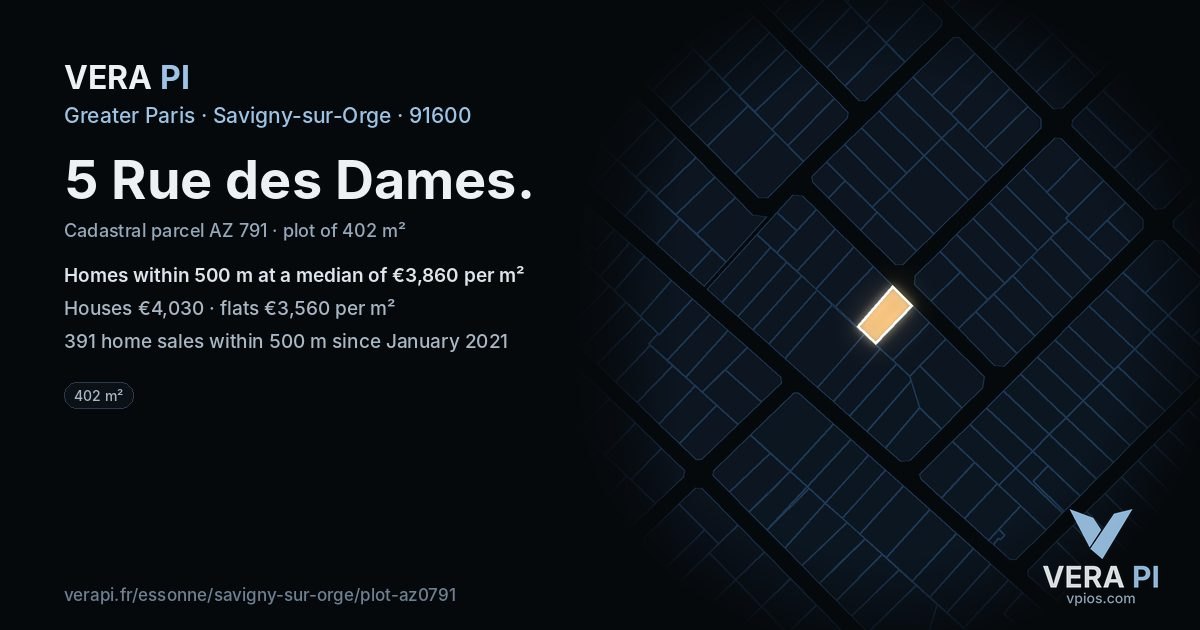 5 Rue des Dames, Savigny-sur-Orge at night – the plot lit, the parcels around coloured by the prices near them