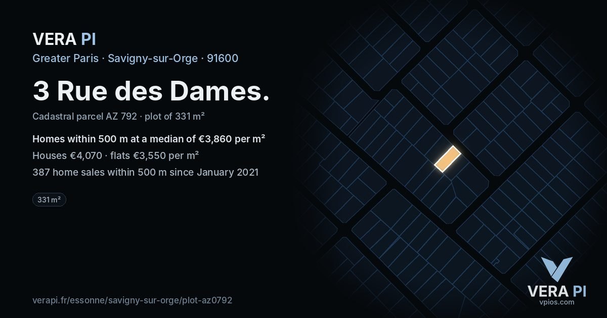 3 Rue des Dames, Savigny-sur-Orge at night – the plot lit, the parcels around coloured by the prices near them