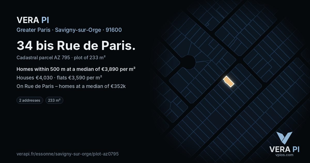 34 bis Rue de Paris, Savigny-sur-Orge at night – the plot lit, the parcels around coloured by the prices near them