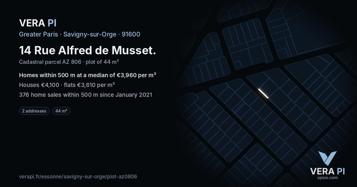 14 Rue Alfred de Musset, Savigny-sur-Orge at night – the plot lit, the parcels around coloured by the prices near them