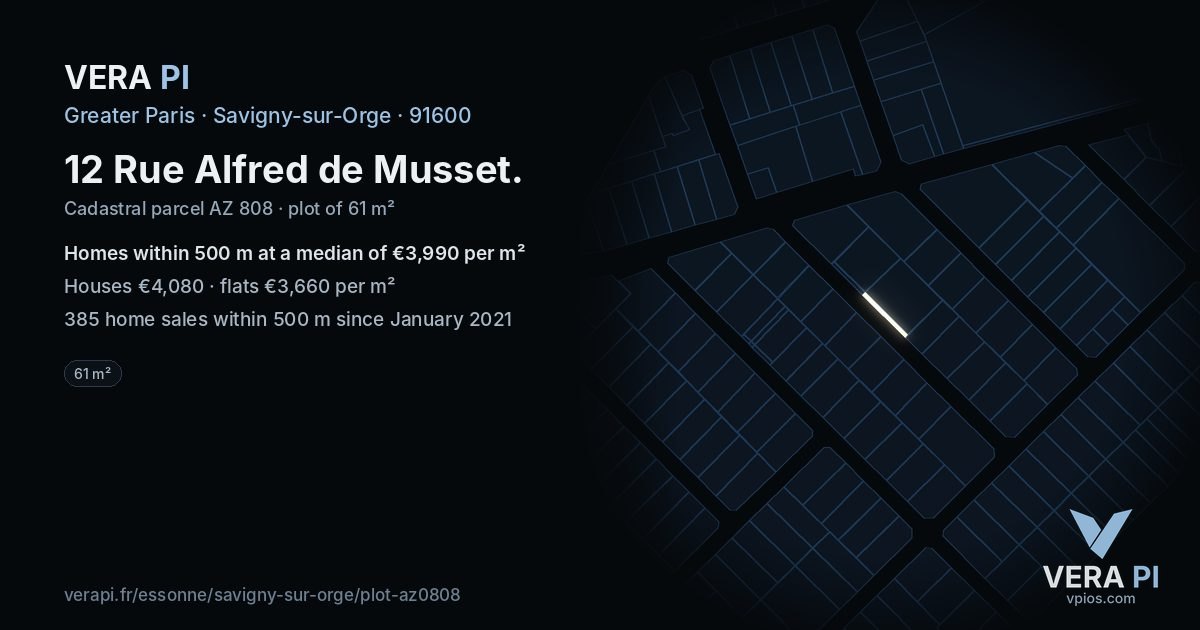 12 Rue Alfred de Musset, Savigny-sur-Orge at night – the plot lit, the parcels around coloured by the prices near them