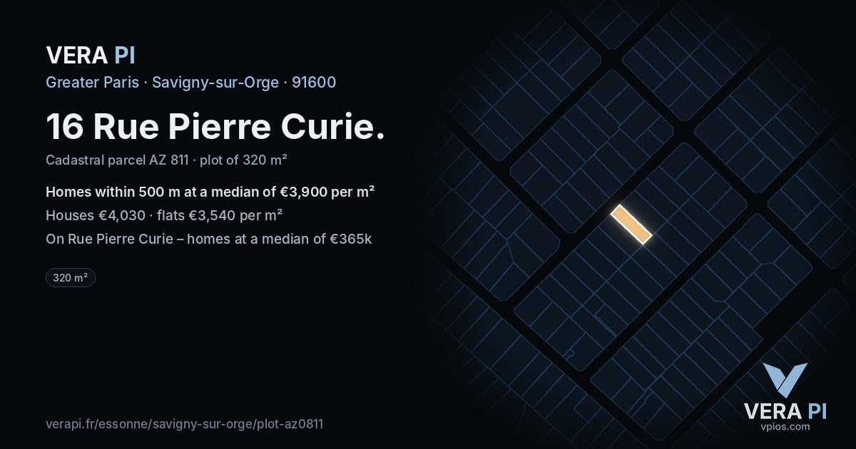 16 Rue Pierre Curie, Savigny-sur-Orge at night – the plot lit, the parcels around coloured by the prices near them