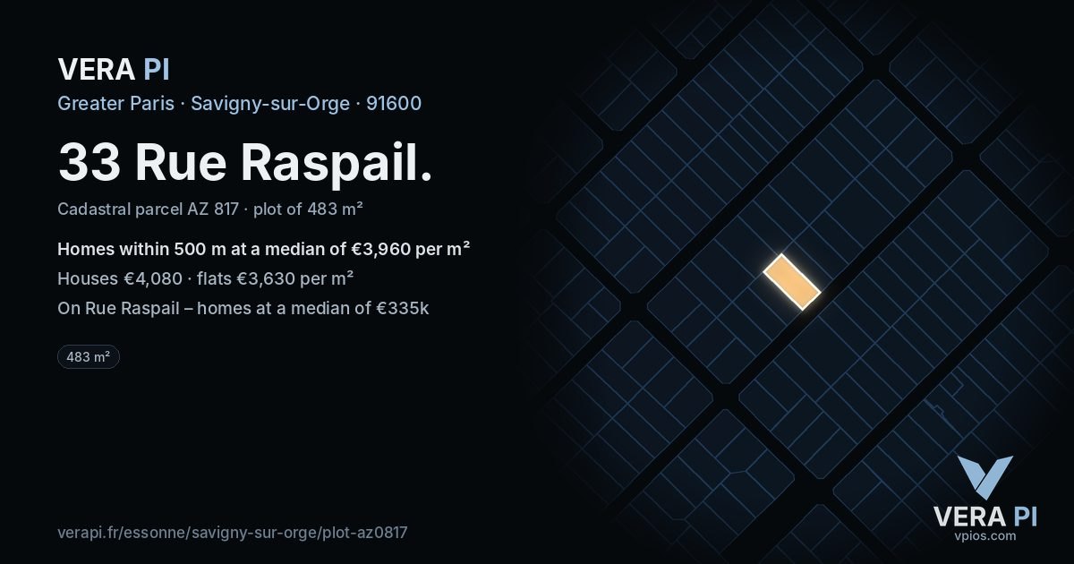 33 Rue Raspail, Savigny-sur-Orge at night – the plot lit, the parcels around coloured by the prices near them