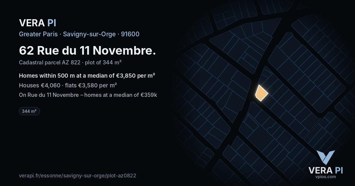 62 Rue du 11 Novembre, Savigny-sur-Orge at night – the plot lit, the parcels around coloured by the prices near them