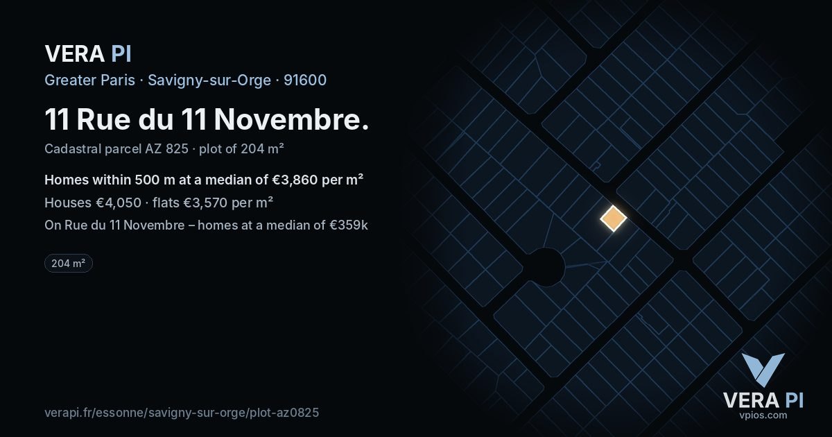 11 Rue du 11 Novembre, Savigny-sur-Orge at night – the plot lit, the parcels around coloured by the prices near them