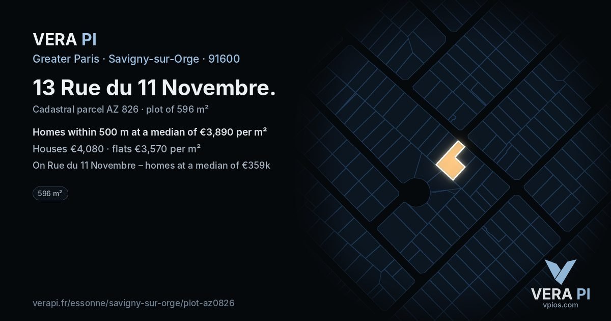 13 Rue du 11 Novembre, Savigny-sur-Orge at night – the plot lit, the parcels around coloured by the prices near them