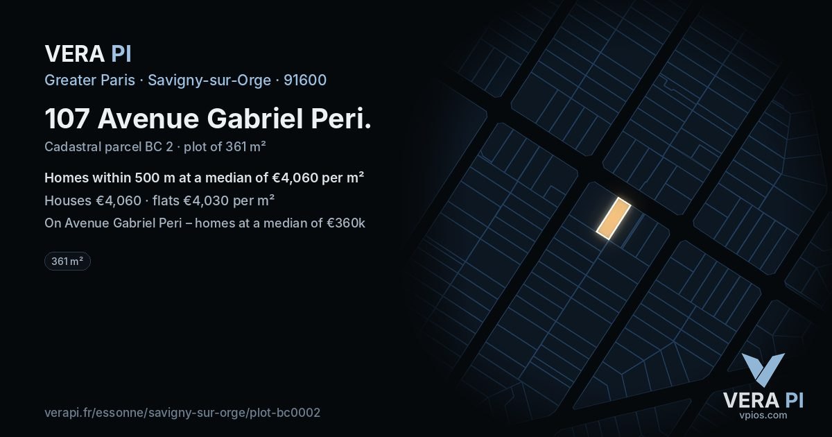 107 Avenue Gabriel Peri, Savigny-sur-Orge at night – the plot lit, the parcels around coloured by the prices near them