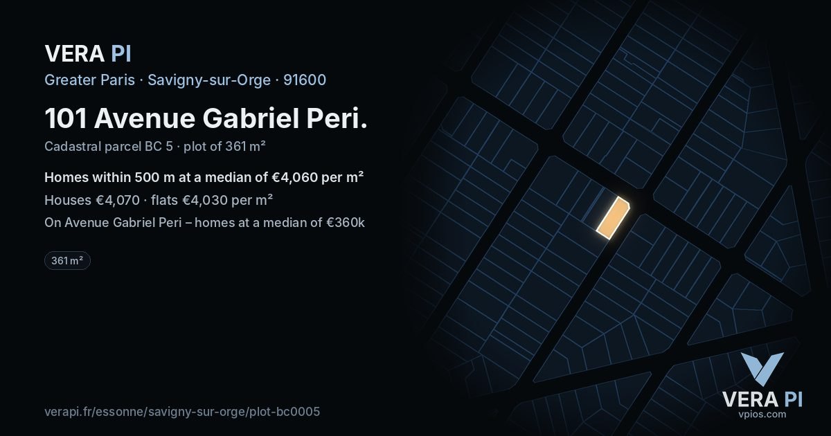 101 Avenue Gabriel Peri, Savigny-sur-Orge at night – the plot lit, the parcels around coloured by the prices near them