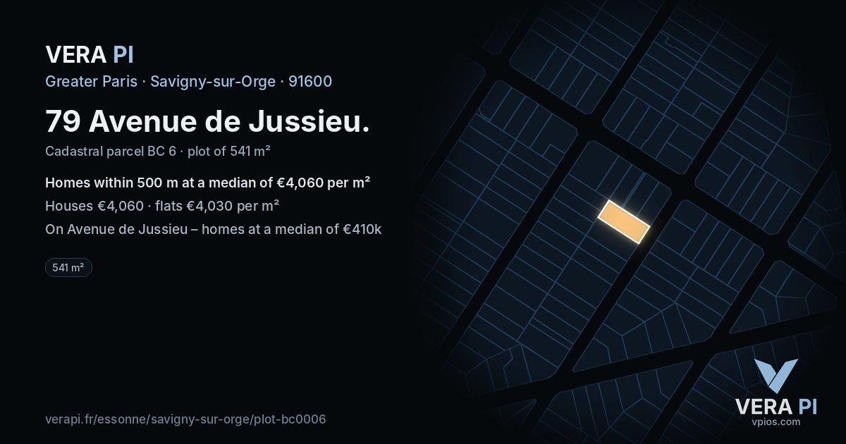 79 Avenue de Jussieu, Savigny-sur-Orge at night – the plot lit, the parcels around coloured by the prices near them