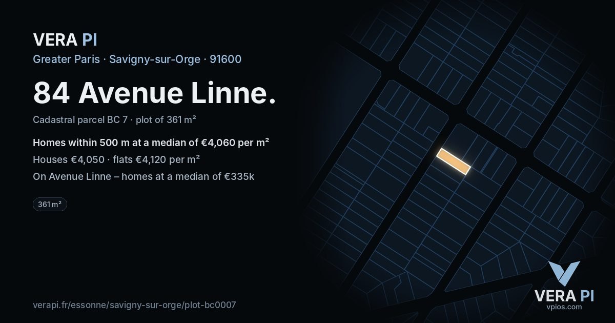 84 Avenue Linne, Savigny-sur-Orge at night – the plot lit, the parcels around coloured by the prices near them