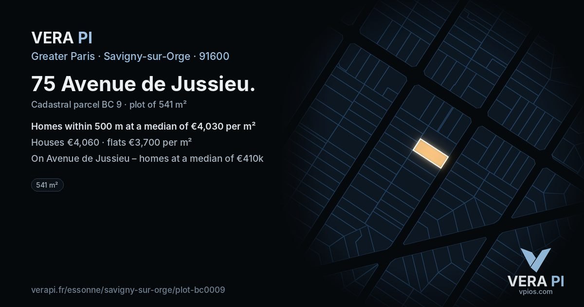 75 Avenue de Jussieu, Savigny-sur-Orge at night – the plot lit, the parcels around coloured by the prices near them