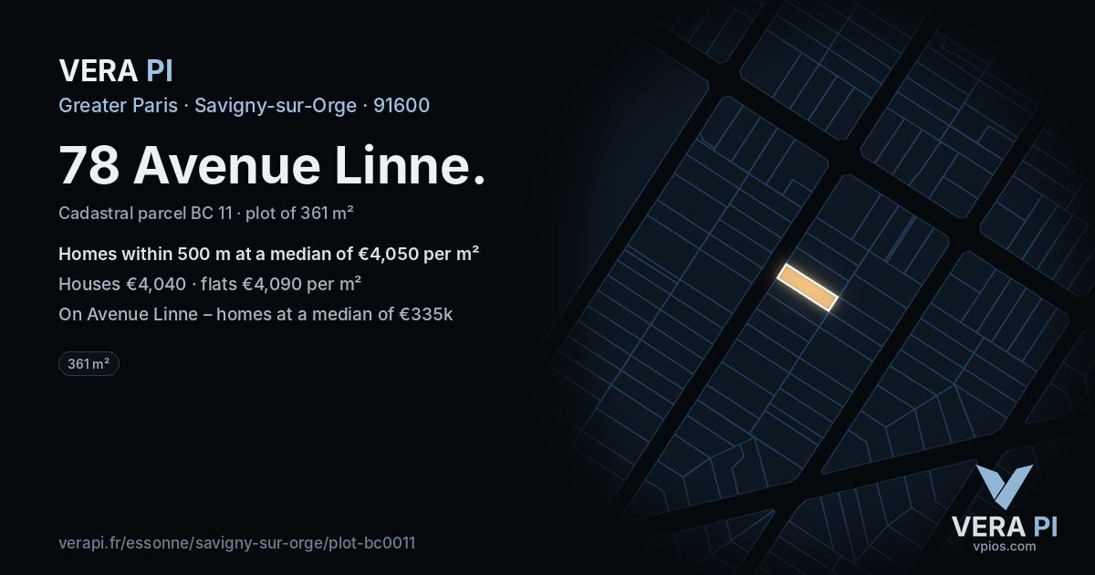 78 Avenue Linne, Savigny-sur-Orge at night – the plot lit, the parcels around coloured by the prices near them