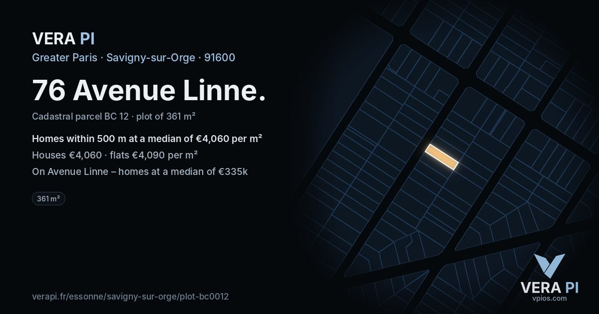 76 Avenue Linne, Savigny-sur-Orge at night – the plot lit, the parcels around coloured by the prices near them
