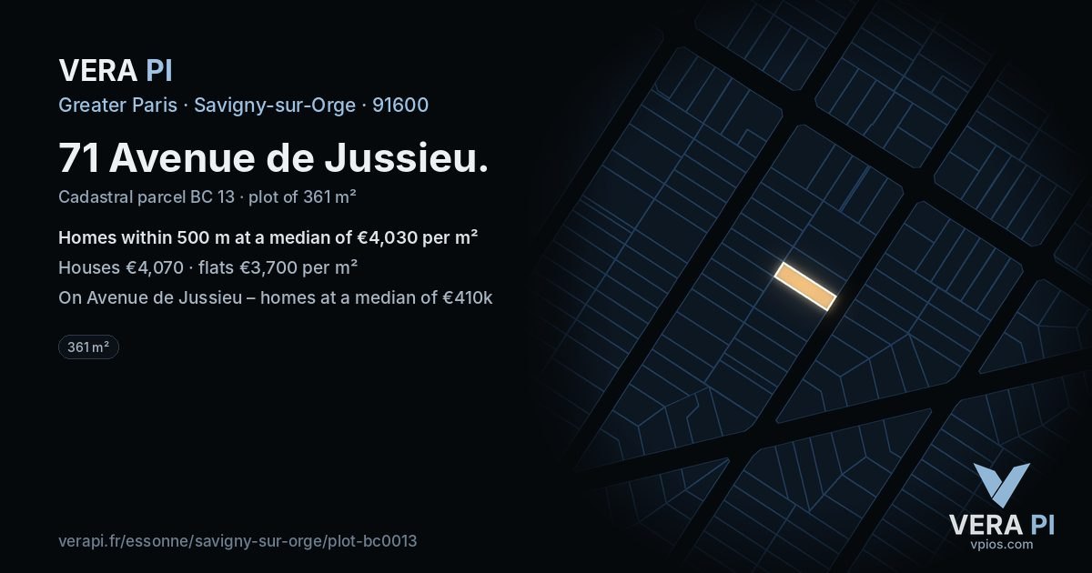 71 Avenue de Jussieu, Savigny-sur-Orge at night – the plot lit, the parcels around coloured by the prices near them