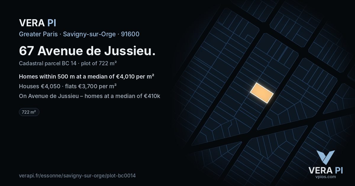67 Avenue de Jussieu, Savigny-sur-Orge at night – the plot lit, the parcels around coloured by the prices near them