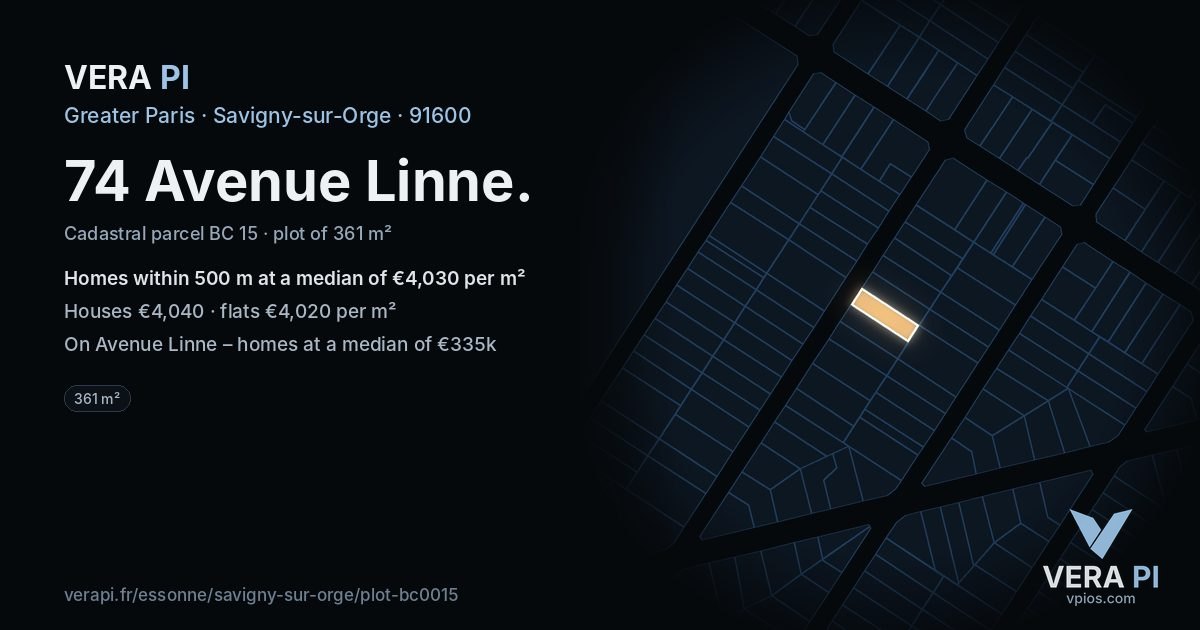 74 Avenue Linne, Savigny-sur-Orge at night – the plot lit, the parcels around coloured by the prices near them