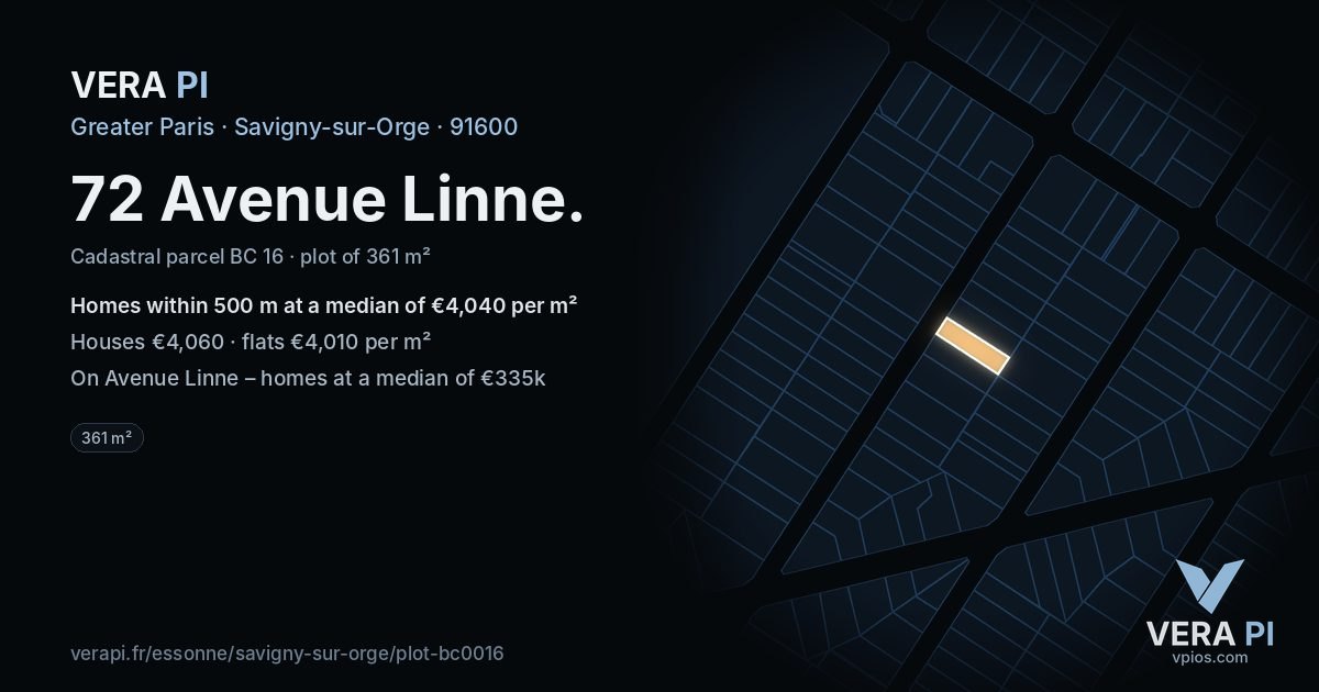 72 Avenue Linne, Savigny-sur-Orge at night – the plot lit, the parcels around coloured by the prices near them