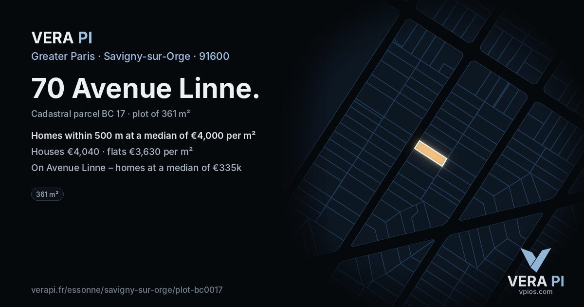 70 Avenue Linne, Savigny-sur-Orge at night – the plot lit, the parcels around coloured by the prices near them