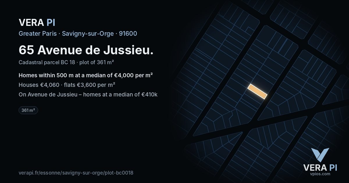 65 Avenue de Jussieu, Savigny-sur-Orge at night – the plot lit, the parcels around coloured by the prices near them