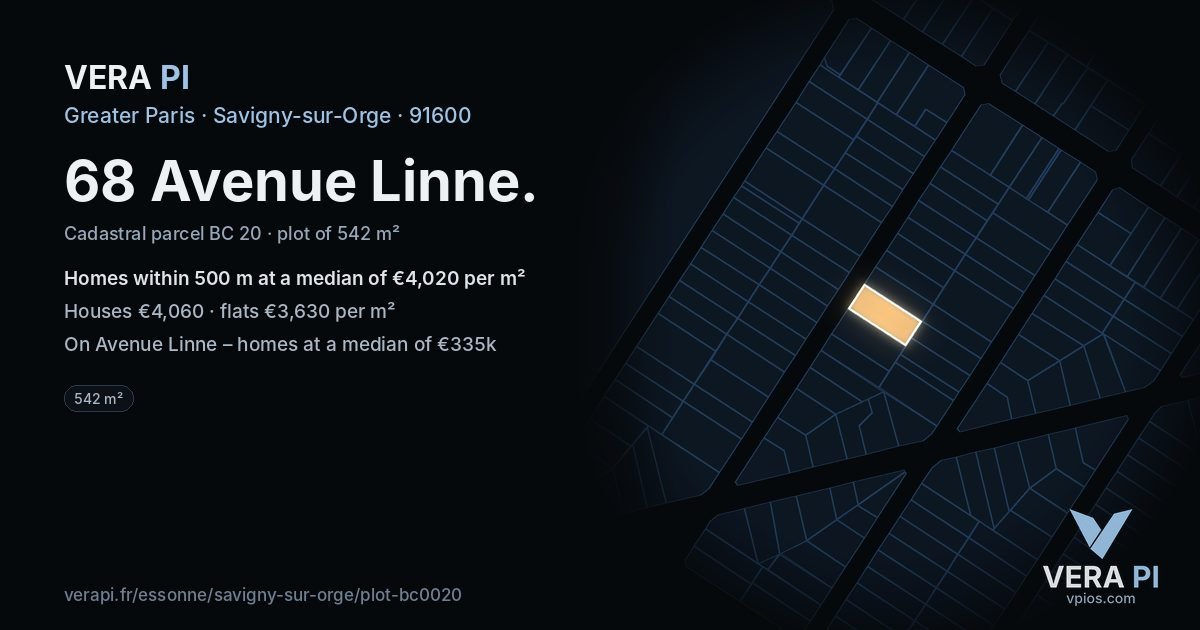 68 Avenue Linne, Savigny-sur-Orge at night – the plot lit, the parcels around coloured by the prices near them