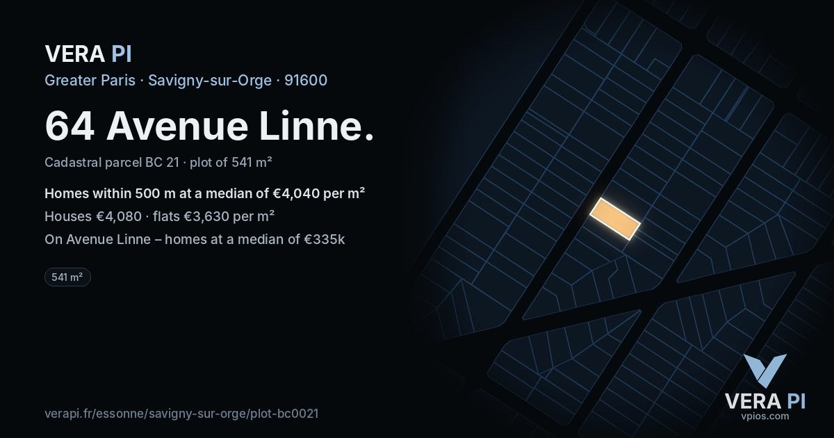 64 Avenue Linne, Savigny-sur-Orge at night – the plot lit, the parcels around coloured by the prices near them