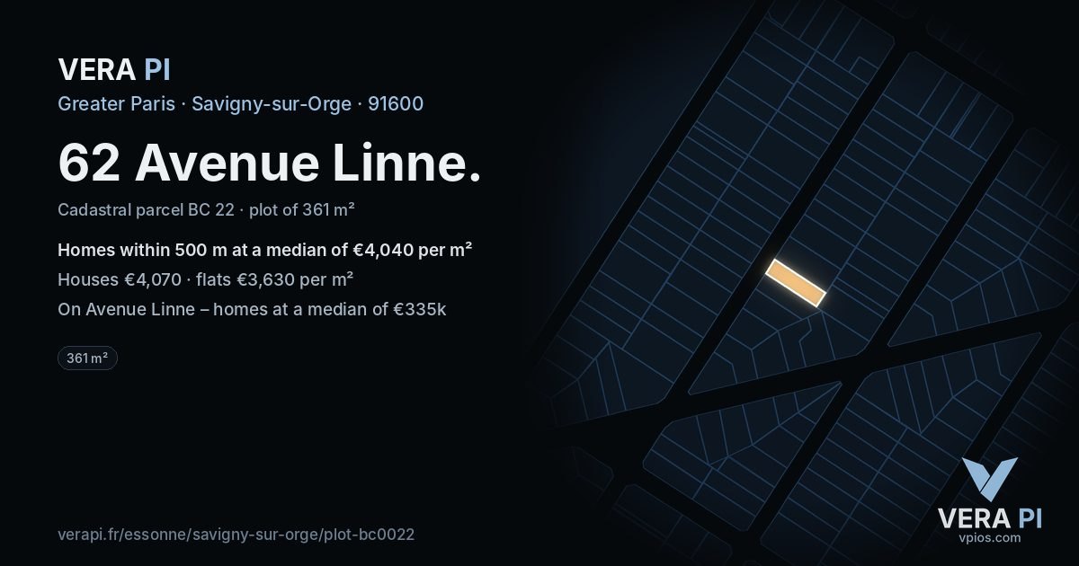 62 Avenue Linne, Savigny-sur-Orge at night – the plot lit, the parcels around coloured by the prices near them