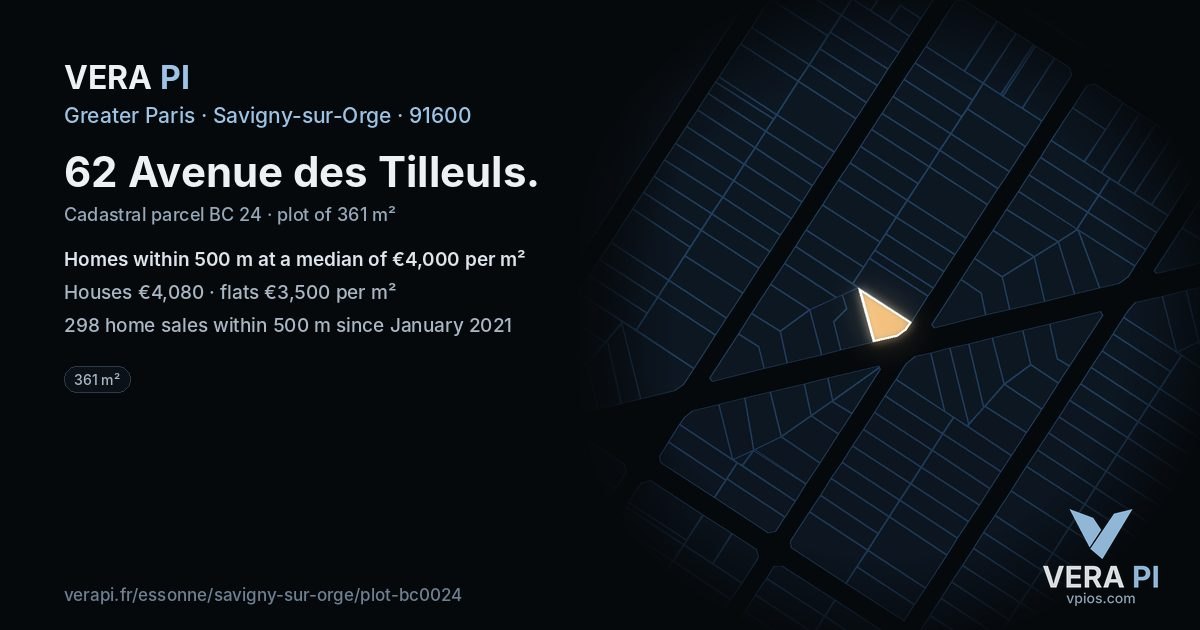 62 Avenue des Tilleuls, Savigny-sur-Orge at night – the plot lit, the parcels around coloured by the prices near them