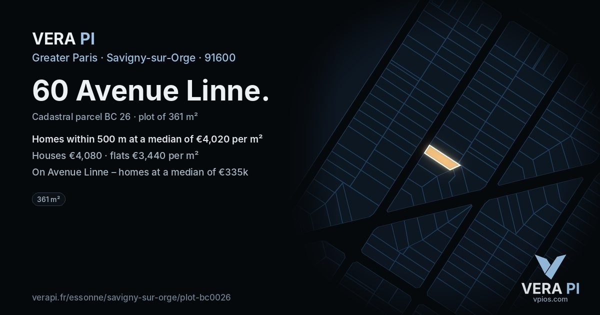 60 Avenue Linne, Savigny-sur-Orge at night – the plot lit, the parcels around coloured by the prices near them