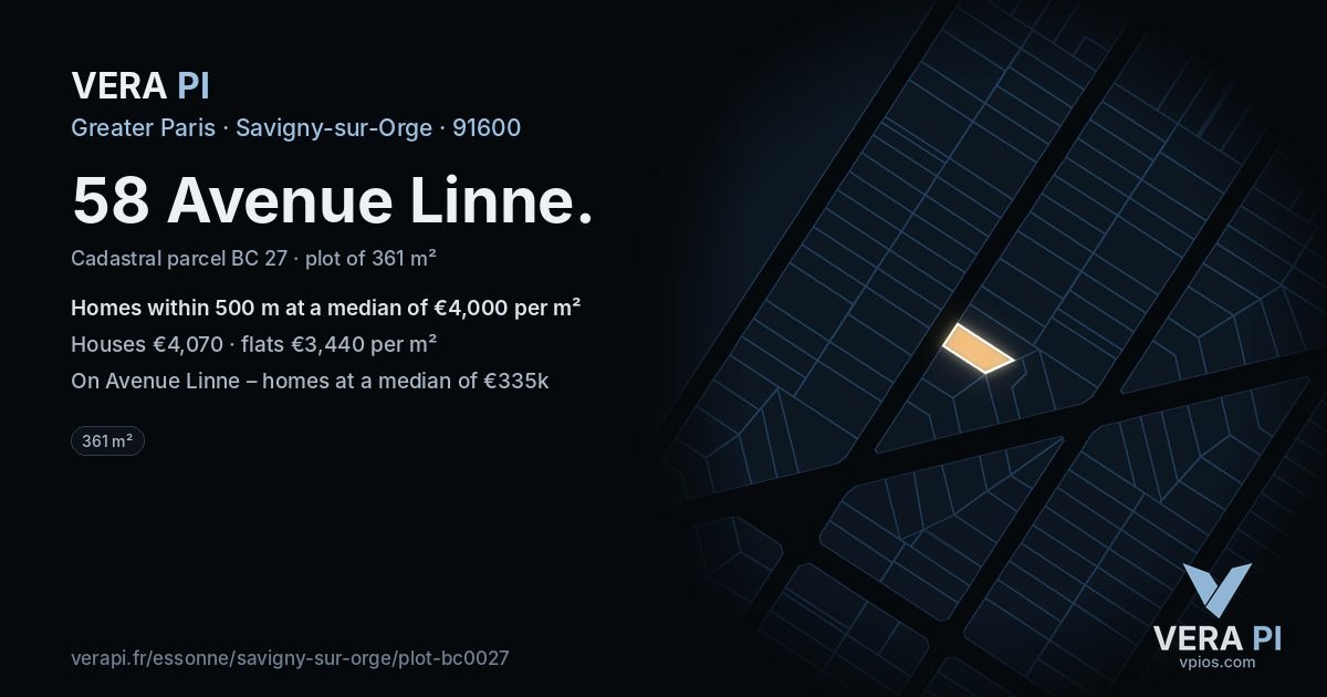58 Avenue Linne, Savigny-sur-Orge at night – the plot lit, the parcels around coloured by the prices near them