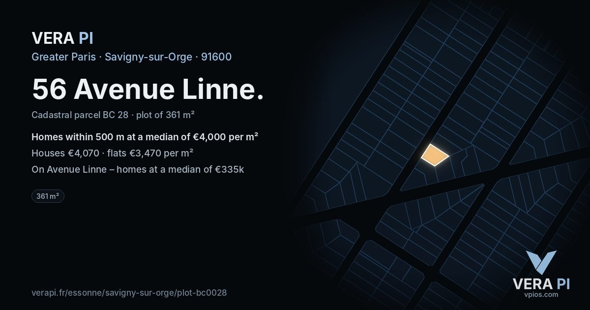 56 Avenue Linne, Savigny-sur-Orge at night – the plot lit, the parcels around coloured by the prices near them
