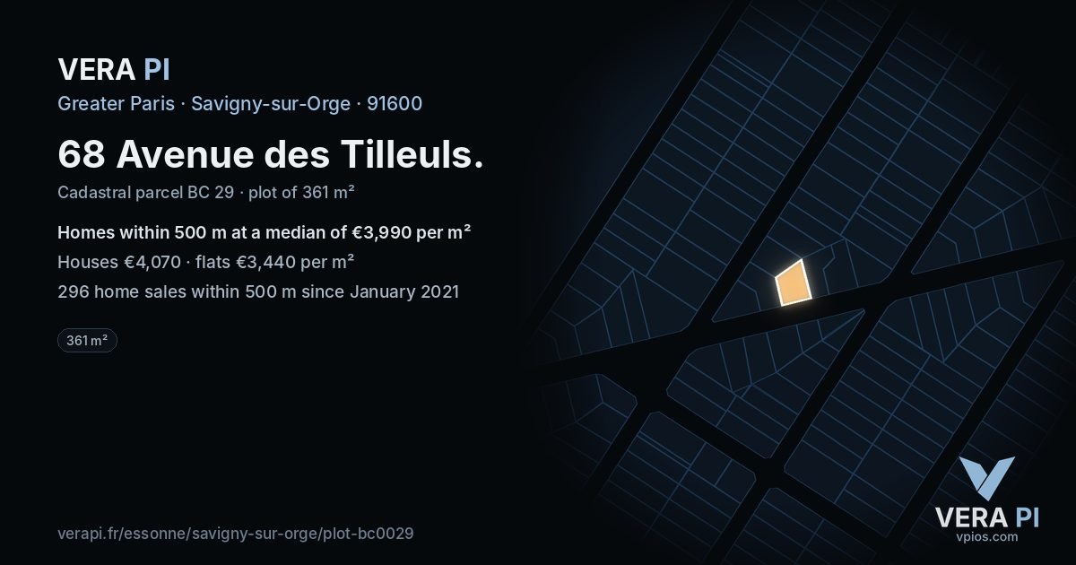 68 Avenue des Tilleuls, Savigny-sur-Orge at night – the plot lit, the parcels around coloured by the prices near them