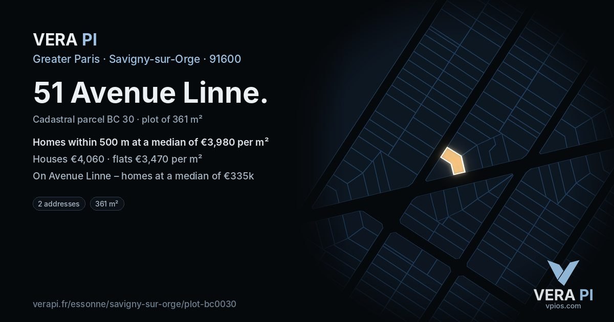 51 Avenue Linne, Savigny-sur-Orge at night – the plot lit, the parcels around coloured by the prices near them