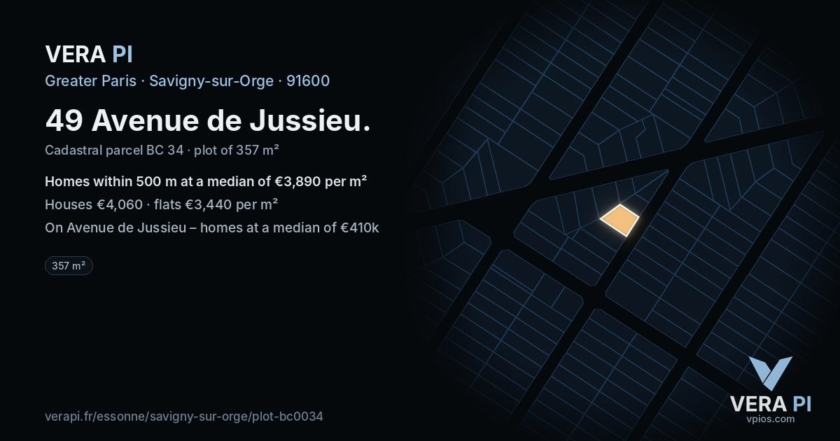 49 Avenue de Jussieu, Savigny-sur-Orge at night – the plot lit, the parcels around coloured by the prices near them