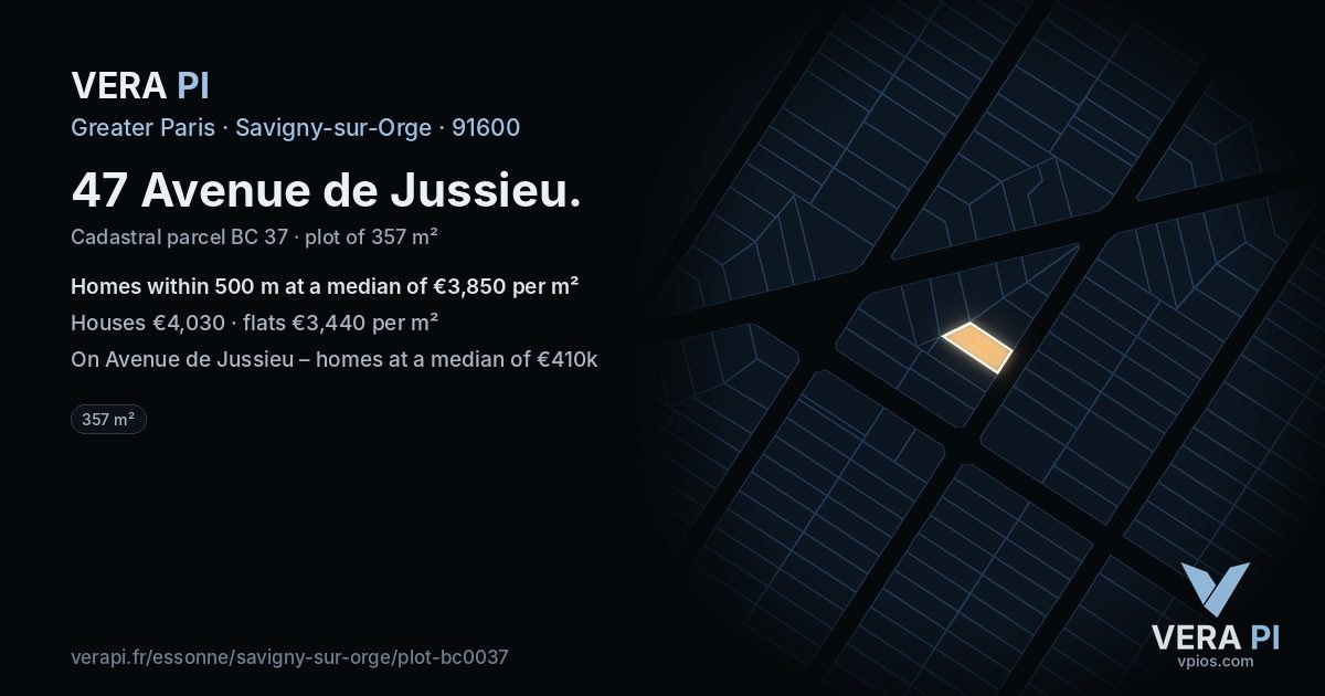 47 Avenue de Jussieu, Savigny-sur-Orge at night – the plot lit, the parcels around coloured by the prices near them