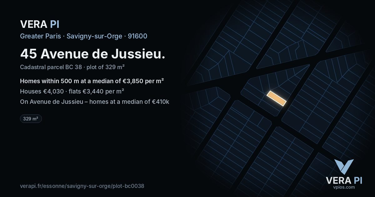 45 Avenue de Jussieu, Savigny-sur-Orge at night – the plot lit, the parcels around coloured by the prices near them