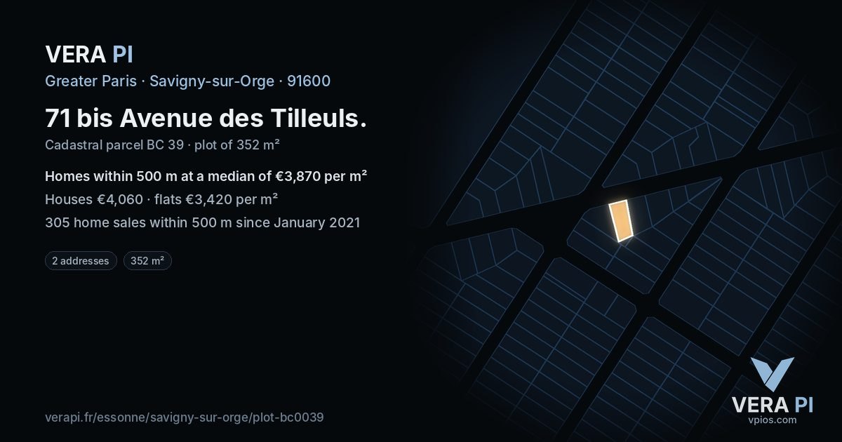71 bis Avenue des Tilleuls, Savigny-sur-Orge at night – the plot lit, the parcels around coloured by the prices near them