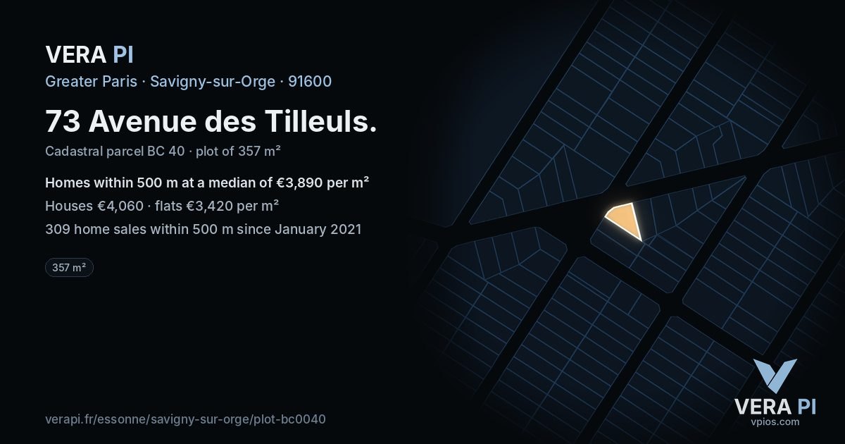 73 Avenue des Tilleuls, Savigny-sur-Orge at night – the plot lit, the parcels around coloured by the prices near them