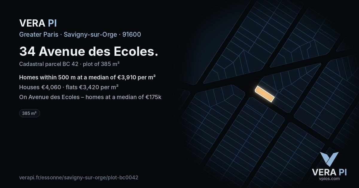 34 Avenue des Ecoles, Savigny-sur-Orge at night – the plot lit, the parcels around coloured by the prices near them