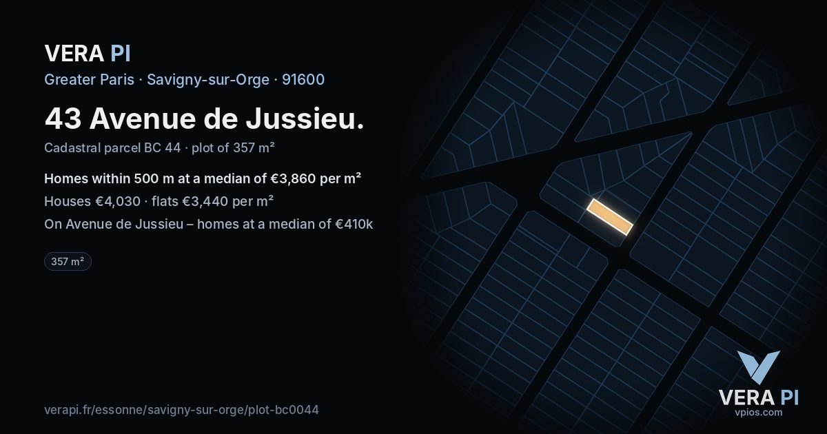 43 Avenue de Jussieu, Savigny-sur-Orge at night – the plot lit, the parcels around coloured by the prices near them