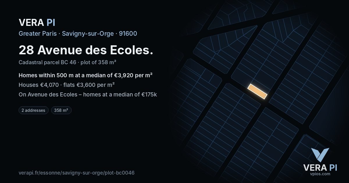 28 Avenue des Ecoles, Savigny-sur-Orge at night – the plot lit, the parcels around coloured by the prices near them