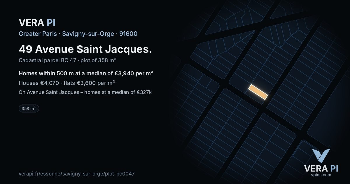 49 Avenue Saint Jacques, Savigny-sur-Orge at night – the plot lit, the parcels around coloured by the prices near them