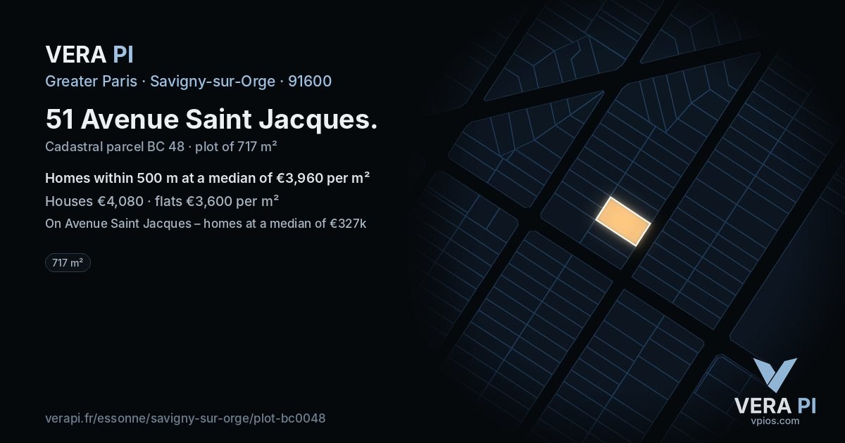 51 Avenue Saint Jacques, Savigny-sur-Orge at night – the plot lit, the parcels around coloured by the prices near them