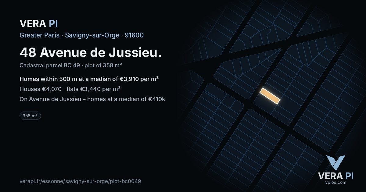 48 Avenue de Jussieu, Savigny-sur-Orge at night – the plot lit, the parcels around coloured by the prices near them