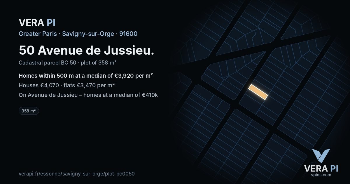 50 Avenue de Jussieu, Savigny-sur-Orge at night – the plot lit, the parcels around coloured by the prices near them