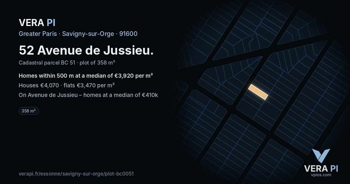 52 Avenue de Jussieu, Savigny-sur-Orge at night – the plot lit, the parcels around coloured by the prices near them