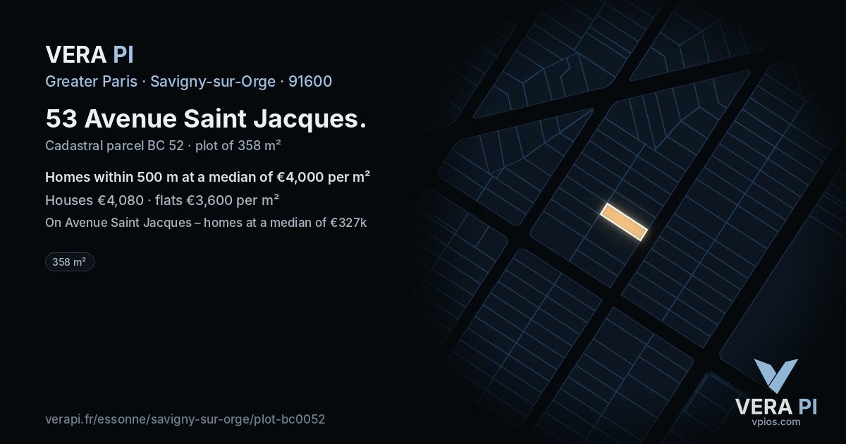 53 Avenue Saint Jacques, Savigny-sur-Orge at night – the plot lit, the parcels around coloured by the prices near them