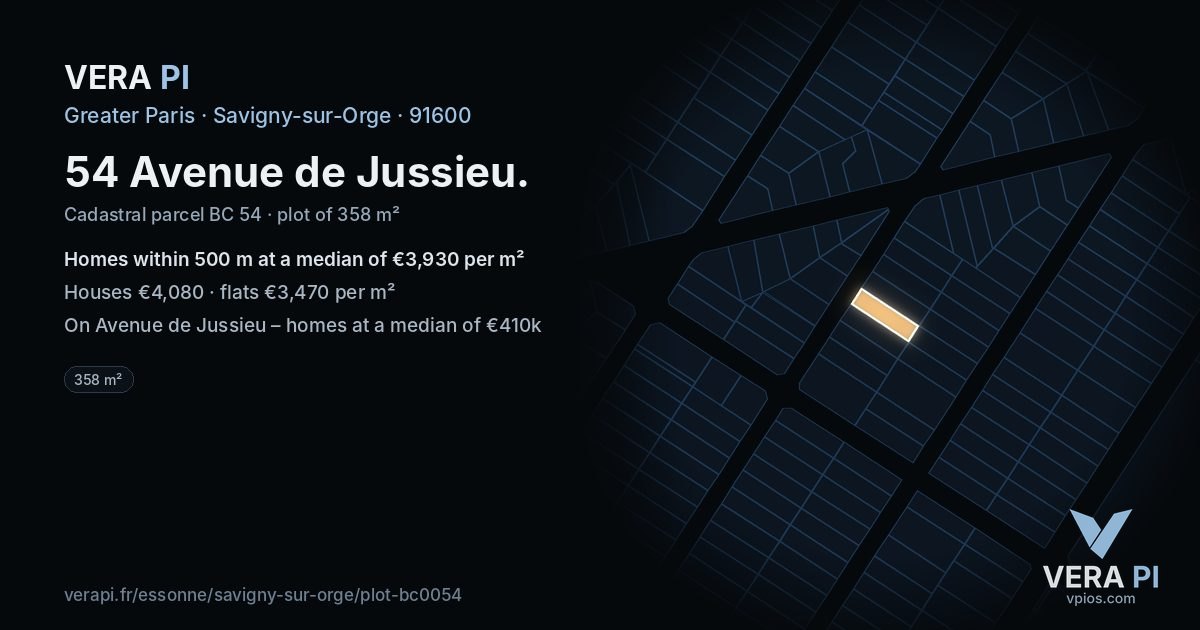 54 Avenue de Jussieu, Savigny-sur-Orge at night – the plot lit, the parcels around coloured by the prices near them